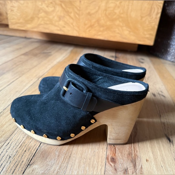 Veronica Beard Black Suede Studded Wooden Clog Mules - Picture 4 of 8